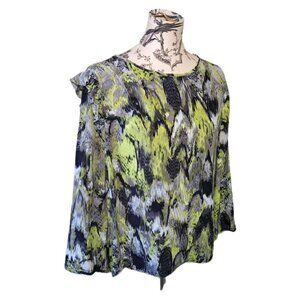 BCBG Maxazria Size L Elma Top Tunic 100% Silk Green Black Art to Wear Eye Las